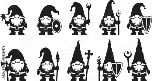 Fantasy dwarf silhouettes, warrior gnomes, magical characters, medieval weapons, RPG classes, bearded fighters, vector illustration, game assets, mythical guardians, battle-ready poses