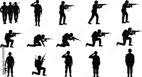 Soldier silhouette collection, black vector icons, tactical poses, military stances, rifle gear, combat movement, army training, battlefield illustration, defense theme, war design