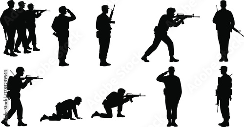 Soldier silhouette set, black vector icons, tactical poses, military stances, rifle gear, combat movement, army training, battlefield illustration, defense theme, war design