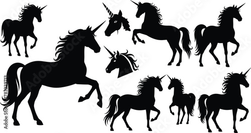 Unicorn silhouette collection, black vector icons, fantasy creatures, magical poses, mythical animals, elegant design, rearing stance, enchanted theme, flat illustration