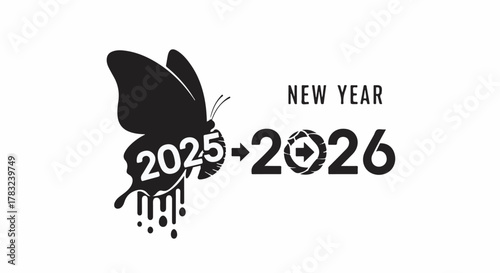Transformative transition from 2025 to 2026 symbolized by a butterfly merging with dripping numbers.