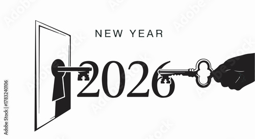 Hand turning a key to unlock the new year 2026, symbolizing opportunity and future beginnings.