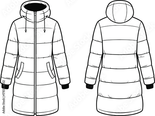 Winter coat cad drawing flat vector illustration, front and back view, hooded design, quilted padding, technical fashion sketch, outerwear template