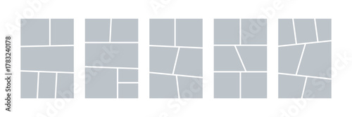 Comic book panels set. Manga collage blank template. Storyboard layout panel. Empty page frame for photo collage. Comic book board mockup. Vector illustration isolated on white background.