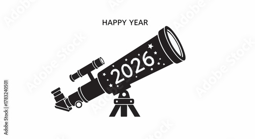 Telescope with '2026' and stars, symbolizing looking towards the future and new year.