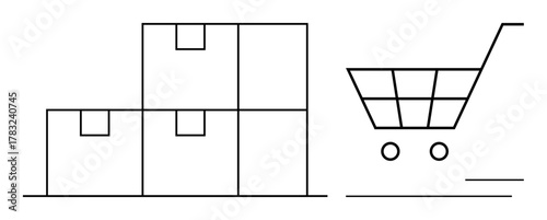 Stacked cardboard boxes beside a minimalist shopping cart outline. Ideal for logistics, shipping, retail, online shopping, delivery, storage, e-commerce distribution. Simple flat metaphor