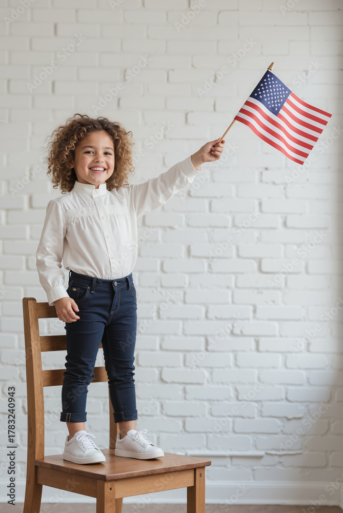 Fototapeta premium Young Child with National Flag - Patriotic Celebration Gesture on Wooden Chair for Independence Day Festivities and Cultural Heritage Recognition