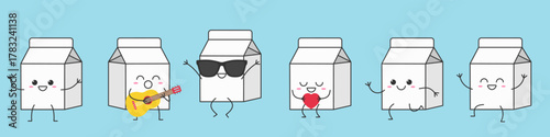 Drink carton, beverage carton, cute cartoon character greet jump love run sing smile face kawaii joy happy emotions icon vector illustration.