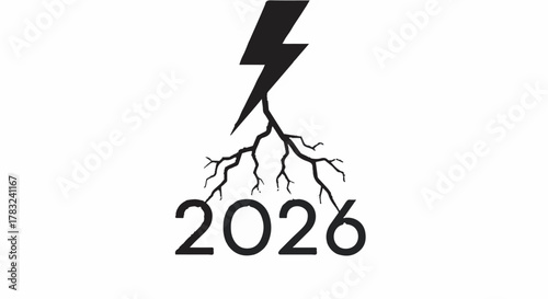 Lightning strikes roots of the year 2026, symbolizing powerful change and growth.