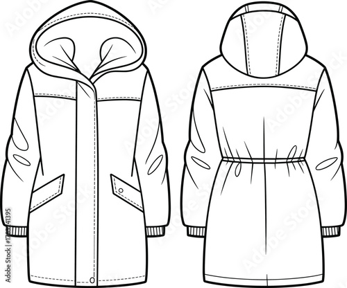 Winter coat cad drawing flat vector illustration, front and back view, hooded design, flap pockets, elastic waist, technical fashion sketch