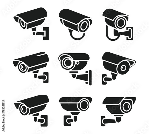 cctv icons, surveillance camera icons set vector silhouette