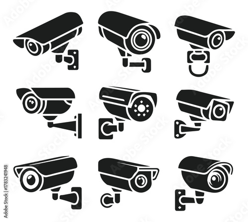 vector set of security camera icons in black silhouette