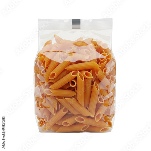  a clear plastic bag filled with whole wheat penne pasta, sealed at the top and isolated on a transparent background