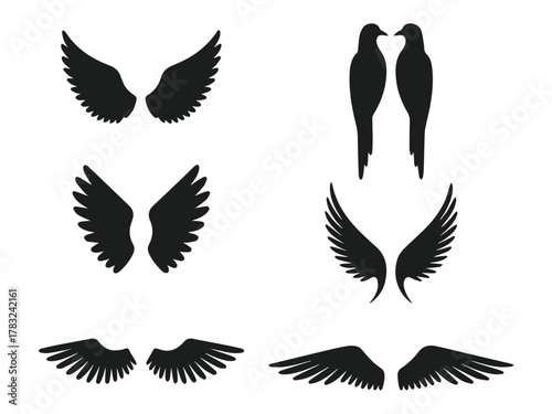 vector set of bird wings and flying silhouettes