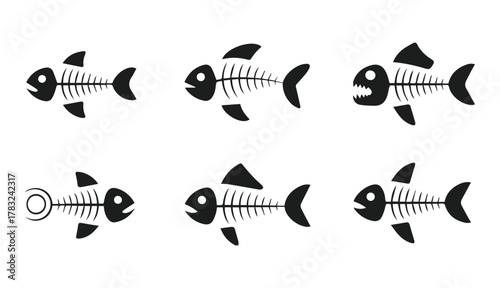 vector set of cartoon fishbone skeleton silhouettes