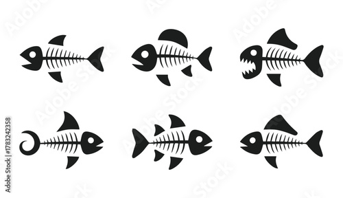 vector set of cartoon fishbone skeleton silhouettes