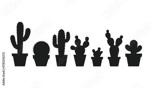 vector set of cactus plant silhouettes in pots