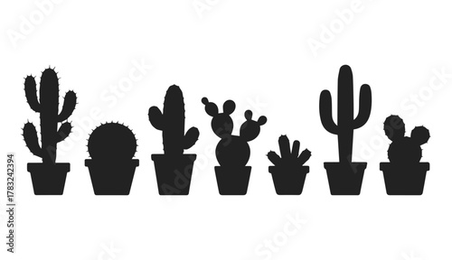 vector set of cactus plant silhouettes in pots