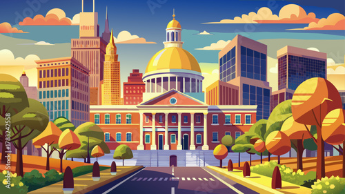 Very beautiful view of the Massachusetts State House on Beacon Street in historic downtown Boston, Massachusetts, USA, featuring its iconic golden dome, classic architecture, surrounding trees, and 