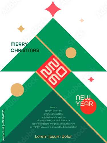 Minimal geometric poster with stylized Christmas tree and numbers 2026. Simple festive design for holiday and New Year celebration.