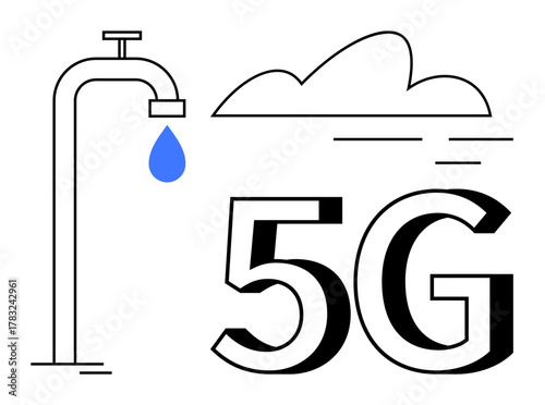 Faucet dripping water, cloud, and 5G text illustrating connectivity, innovation, and data flow. Ideal for technology, IoT, cloud computing, resource optimization data flow digital transformation