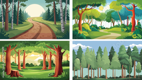 Peaceful Forest Landscape Collection – Scenic Nature Paths and Green Woodland Vector Set