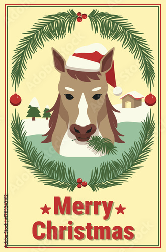 Christmas horse poster horse wearing Santa hat with green pine branches and red berries, Christmas horse  poster vector design