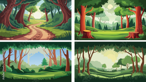 Sunny Forest Landscape Set – Peaceful Woodland Paths and Green Nature Scenery Vector Collection