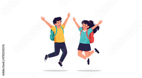 Two cheerful school children, a boy and a girl wearing backpacks, happily jump together with arms raised, celebrating fun and freedom.