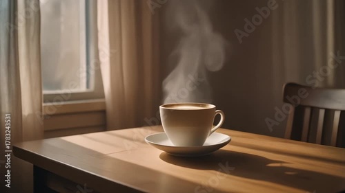 Steam rising from cup of coffee on wooden table near window, morning light streaming through curtains, cozy home atmosphere, minimal composition, 8K cinematic warmth. ☕