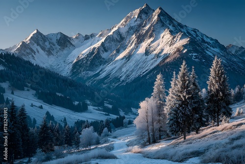 snowy mountain landscape at sunrise peaceful festive postcard mood