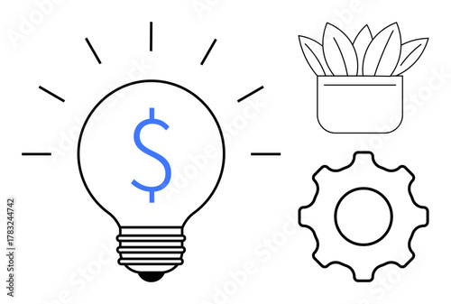 Lightbulb with dollar sign signifies finance and ideas, a plant suggests organic growth, and a gear represents process. Ideal for innovation, entrepreneurship, business, creativity, sustainability