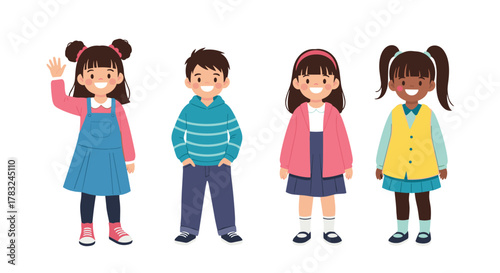 A cheerful illustration of a diverse group of four happy cartoon children, including boys and girls, smiling and waving.