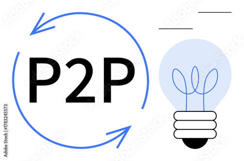 P2P text in circular arrows beside a light bulb symbolizing innovation, idea sharing, and collaboration. Ideal for teamwork, networking, startups, sustainability, technology, energy solutions simple