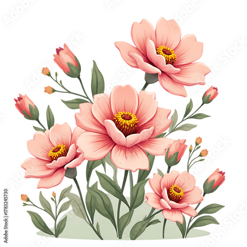 Pink Flowers Blooming in Green Foliage on White Background