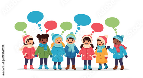 A diverse group of happy children in winter clothes are standing together, holding hands, with colorful speech bubbles above, symbolizing friendship and communication.