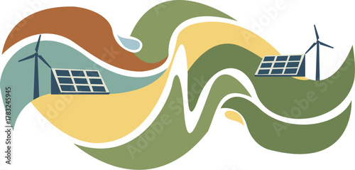 Sustainable Energy An illustration depicting wind turbines and solar panels harnessing natural power for a greener future