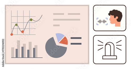 Graphs and pie chart for data analysis, face with voice recognition icon, and alert notification symbol. Ideal for analytics, technology, AI, communication, security business innovation. Simple
