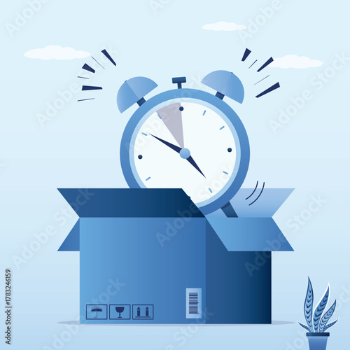Opened cardboard box with alarm clock. Deadline concept. Countdown, fast delivery, shipment. Ecommerce technology, delivery concept. Fast shipping.