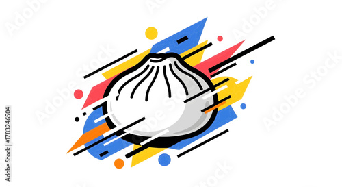 Vibrant graphic illustration of a steamed bao bun with dynamic abstract elements, perfect for food concepts