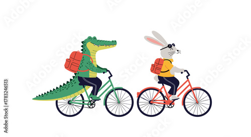 A friendly cartoon alligator and a rabbit with backpacks go for a pleasant bike ride side by side.