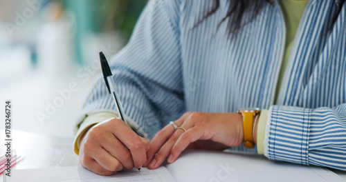 Fotografía Education, hands and student writing notes with pen in book, learning knowledge or exam preparation