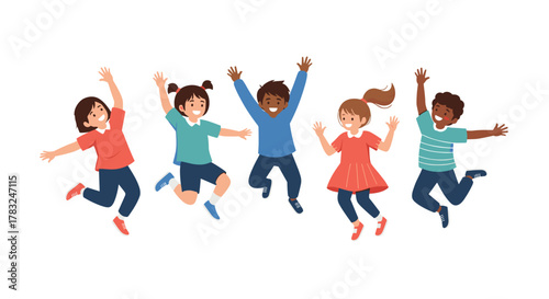 A diverse group of happy children, boys and girls, jumping together with arms in the air, expressing joy and energy.