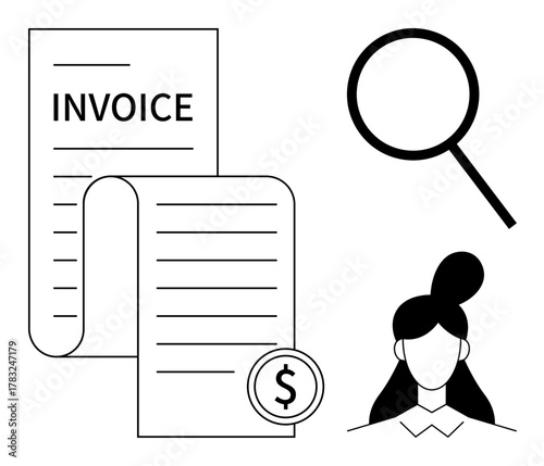 Document with Invoice label, magnifying glass, dollar symbol, and woman icon. Ideal for finance, accounting, payment tracking, transparency auditing tax management concepts. Simple flat metaphor
