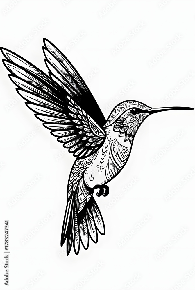 Naklejka premium Elegant Hummingbird Line Art – Detailed Flying Bird Outline for Coloring Page and Design Use