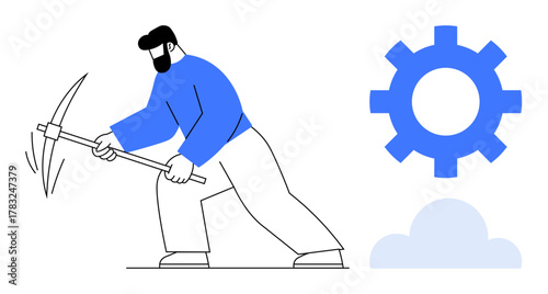 Person using pickaxe striking the ground, surrounded by a gear indicating productivity and cloud symbolizing technology. Ideal for labor, technology, innovation, development, hard work, automation