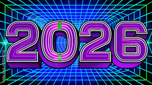 Retro futuristic neon grid tunnel with glowing purple 2026 numbers in a vibrant digital cyberspace