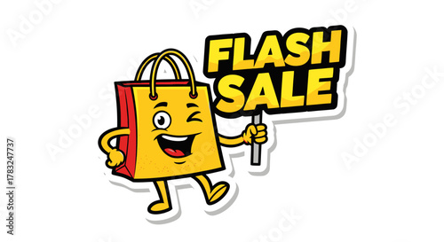 Flash Sale Icon Smiling Shopping Bag with "Flash Sale" Sign. Promotional Graphic for Sales and Deals