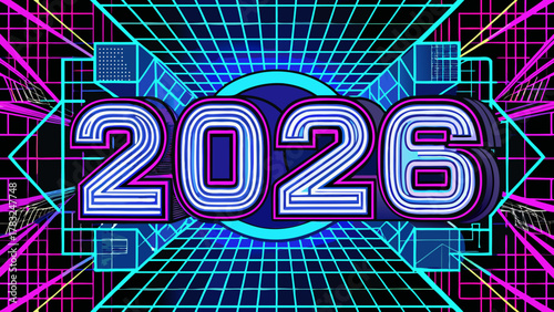Retro futuristic neon glowing year 2026 number in a digital grid cyberspace with vibrant pink and cyan lights