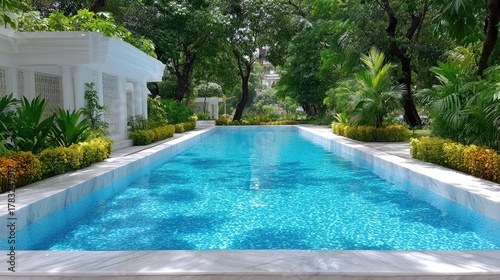 Wallpaper Mural Clean Blue Swimming Pool With White Stone Edges Surrounded By Lush Green Trees And Sunlight Reflections On The Water Torontodigital.ca